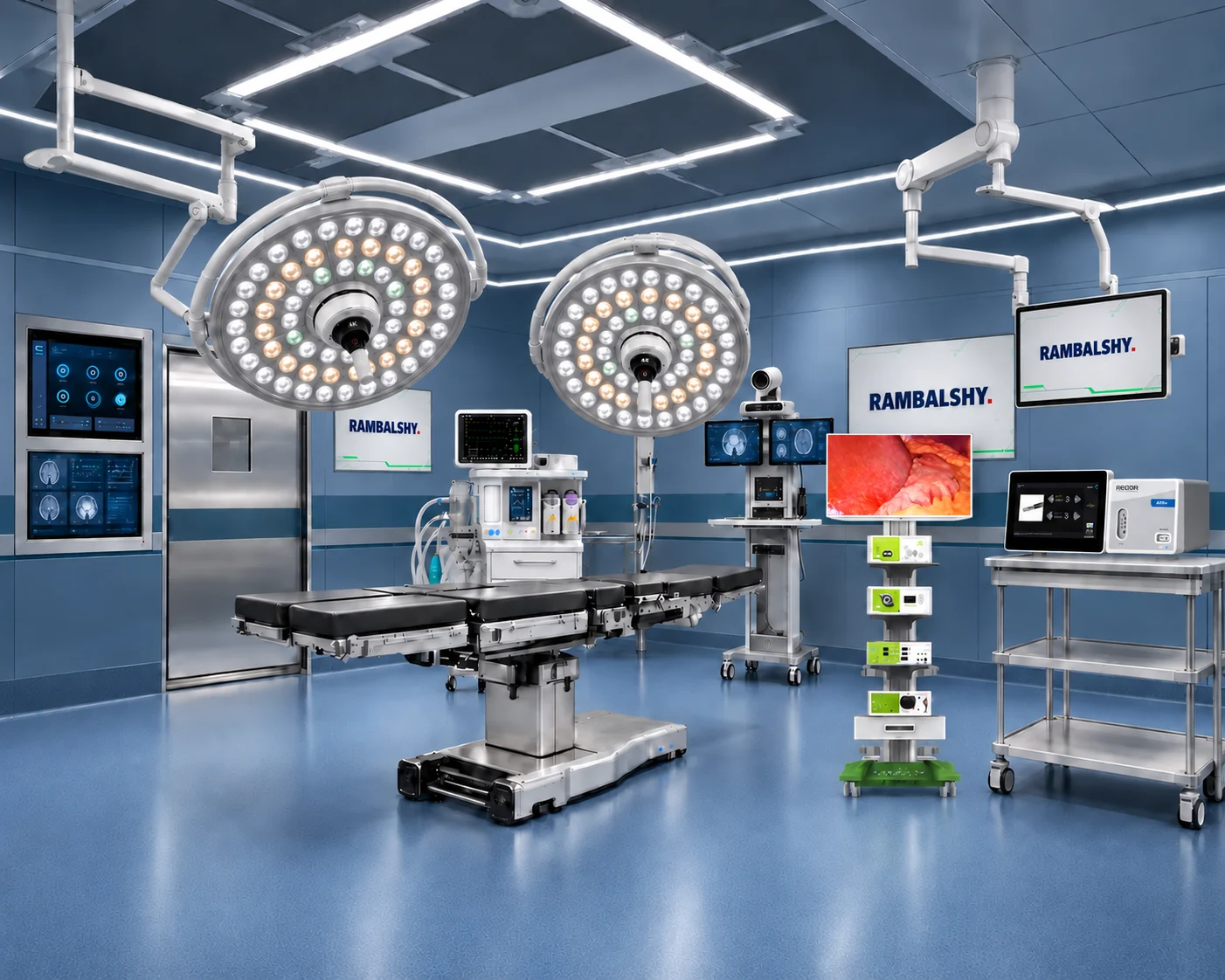 Illustrative modular operating theatre with overhead lights, surgical table, red endoscopic monitor and Rambalshy-branded screens in a blue room